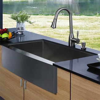 Stainless farmhouse sink has more timeless style.